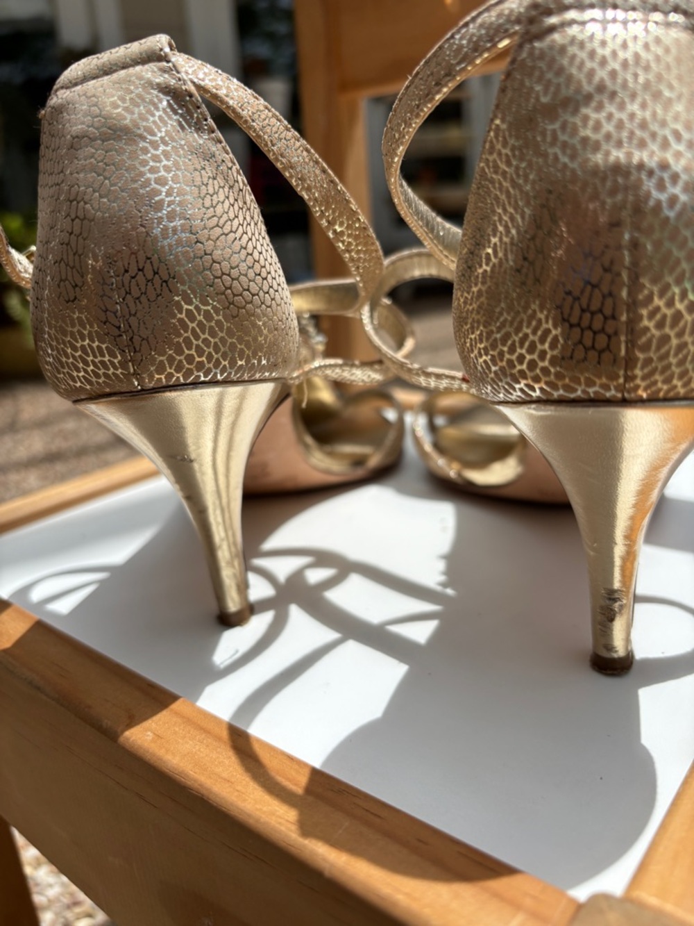 Antonio Melani Gold Embellished Heels Size 9 | Rhinestone T-Strap Glam Sandals - Picture 4 of 7